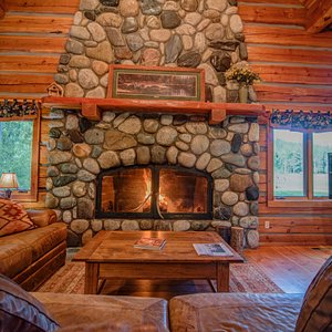 Log Cabin River Rock Fireplace