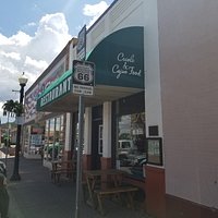 Exterior seating under awning.