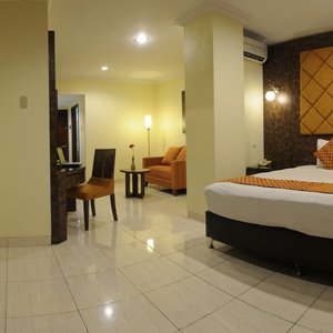 Executive Suite Room, Dengan luas kamar 40.85 Meter Persegi. Dilengkapi dengan 1 King Size Bed, Meja Kerja serta Sofa Untuk Menerima tamu dan bersantai. Dengan Jendela Besar, View Menghadap ke Jalan.
