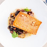 Pan Seared Salmon, ricotta gnocchi, roasted rainbow carrots, toasted pine nuts, beurre blanc
