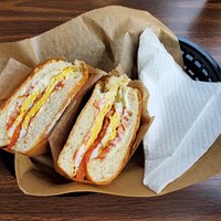 Egg, tomato, mayo, on fresh Kaiser roll. Delicious!!!