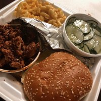 Caribbean Chicken Sandwich w/ Mac and Cheese & Cucumber Salad