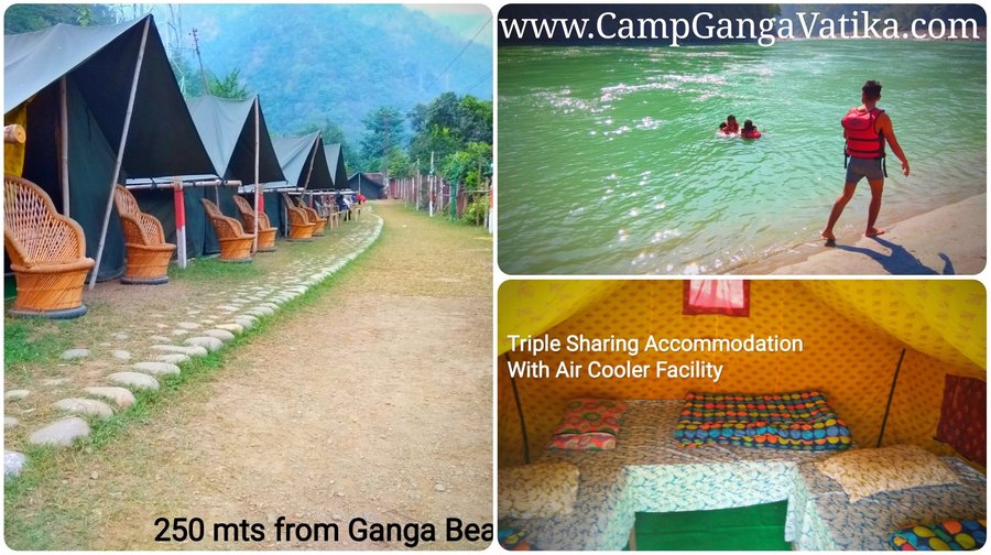 Camping in Rishikesh with Camp Ganga Vatika. Camping includes -  3 meals with evening veg snacks, Accommodation on sharing basis, light music and bonfire, riverside visit.