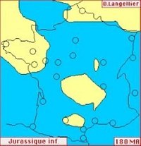 La Dalle aux Ammonites remonte au Jurassique Inférieur. Carte de La France au Jurassique Inférieur - 200 M. à - 174 M. d'Années. Réf. Bernard Langellier. Digne-Les-Bains