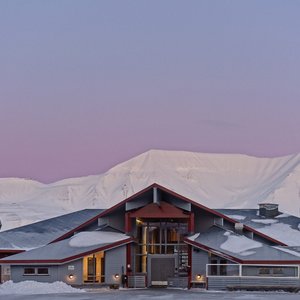 The Radisson Blu Polar Hotel, Spitsbergen during the Blue Hour on Svalbard.
