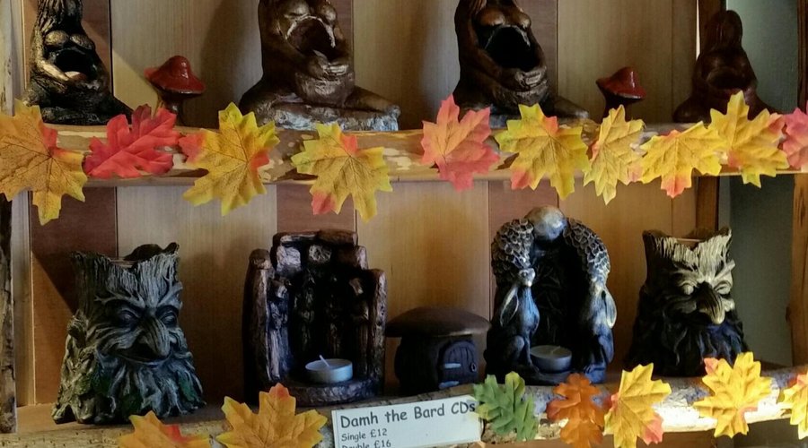 Original and unusual tea light holders. Statues of moon gazing hare. Collection of CDs, wide range of Damh the Bard and the Mabinogion tales