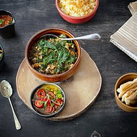 West County brisket, stir-fried spinach, ginger, fried kale and chilli salsa