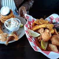 Shrimp panchos and Fried fish and chicken basket. Both with onion rings too.