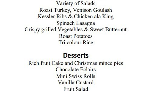 Bakgatla Resort Christmas Lunch Menu 