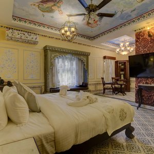Hotel Janak Vilas in Udaipur, image may contain: Monitor, Screen, Computer Hardware, Chandelier