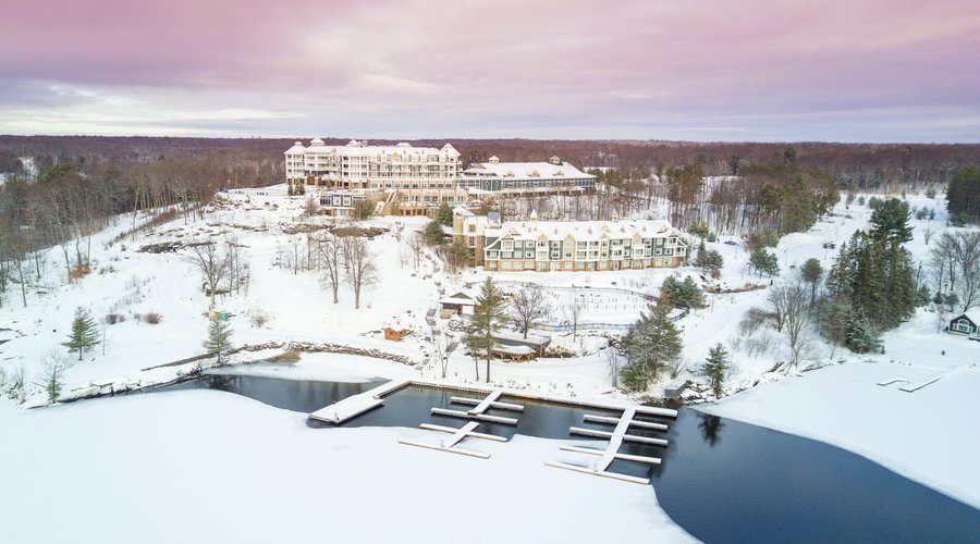 Aerial view of the resort and lake Rosseau in Winter 