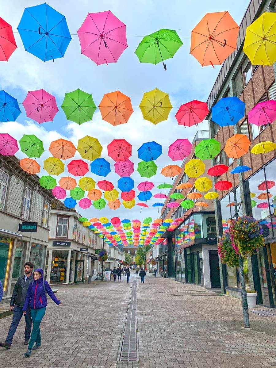 An Installation Of Colourful Umbrellas Above A Street In Trondheim ...