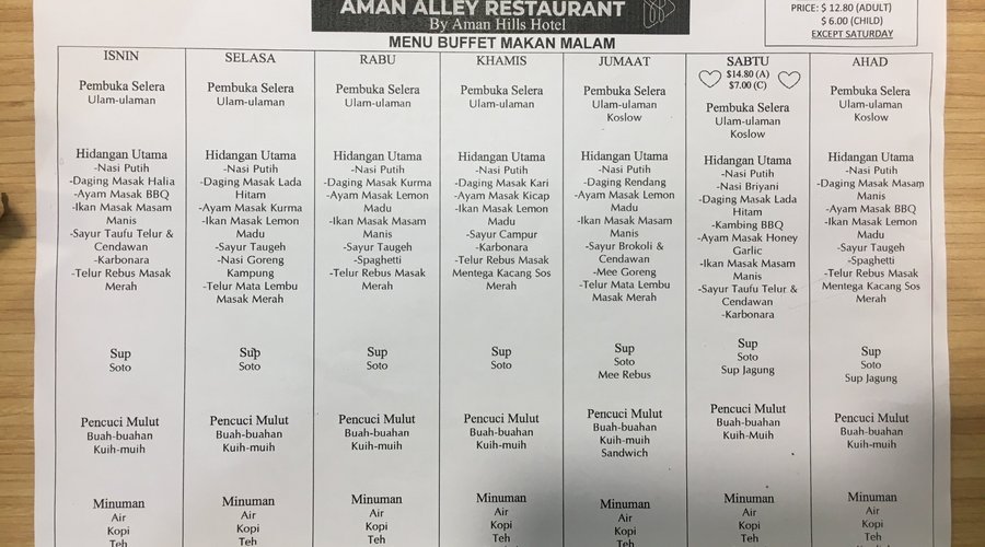 Dinner menu of their buffet