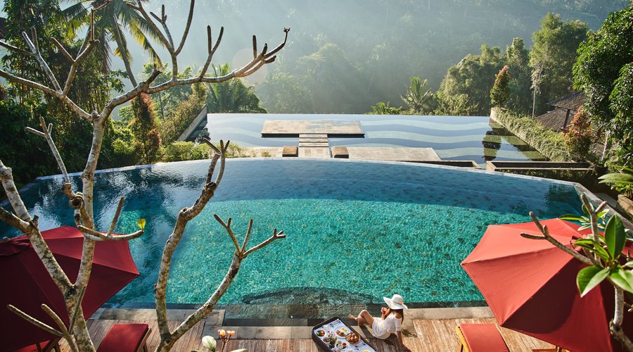 The main pool at Jannata is the best place to enjoy nature's beauty overlooking to the rural village of Sebali.