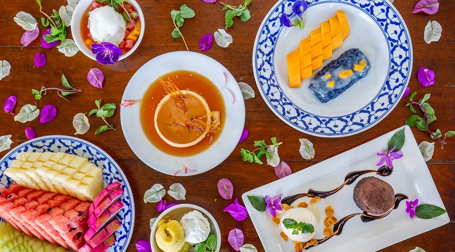 Our desert selection: Chocolate Lava Cake; Crème Caramel; Chilled Seasonal Fruit Soup with Lime Sherbet; Mango with Sticky Coconut Rice; Sherbets and Ice Creams Selection