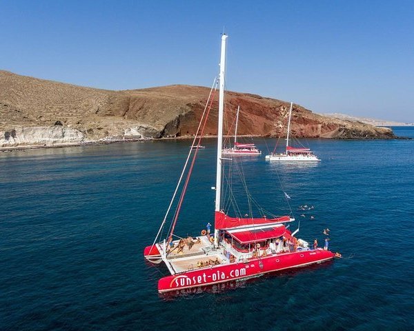 sunset sailing catamaran cruise in santorini with bbq and drinks