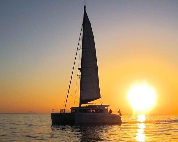 sunset sailing catamaran cruise in santorini with bbq and drinks