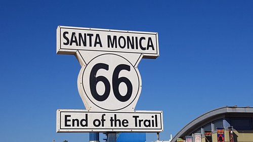 4x4 inch Santa Monica END OF THE TRAIL Route 66 Sign Shaped Sticker highway sm 