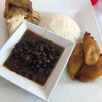 The Monday daily lunch special, chicken, beans, rice, plantains.