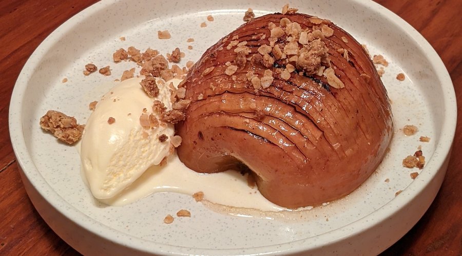 Hasselbeck smoked apples with wood fired crumble and ice cream