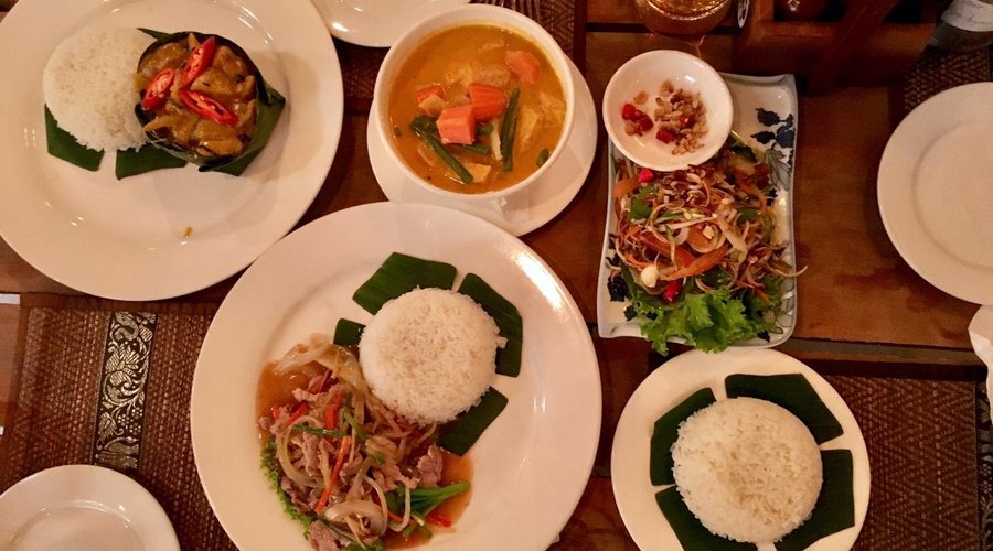 Amok fish, curry, banana flower salad, ginger pork with rice