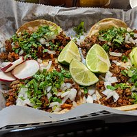 Tacos with beef and chorizo.
