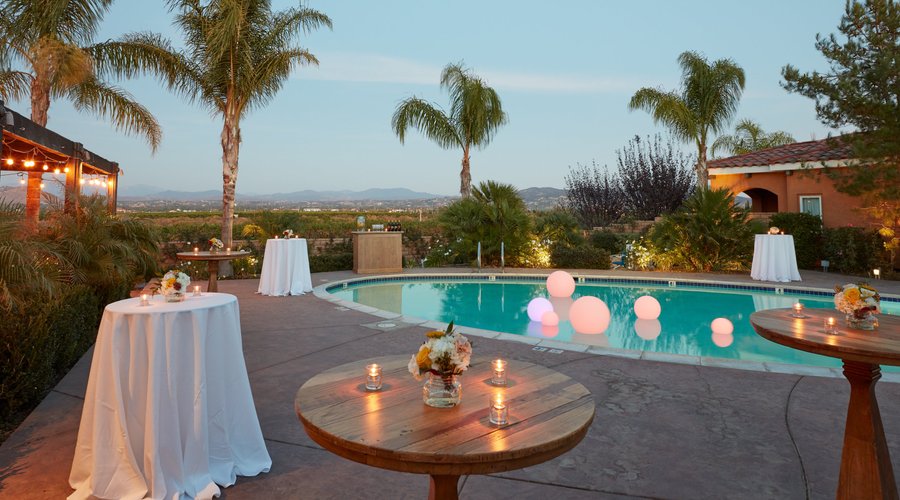 Pool area set up for a special event.