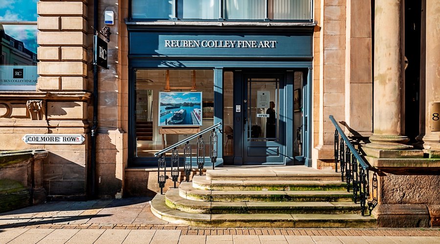 Gallery exterior showing Reuben Colley artwork in the window 'Mercia Marina' oil painting.