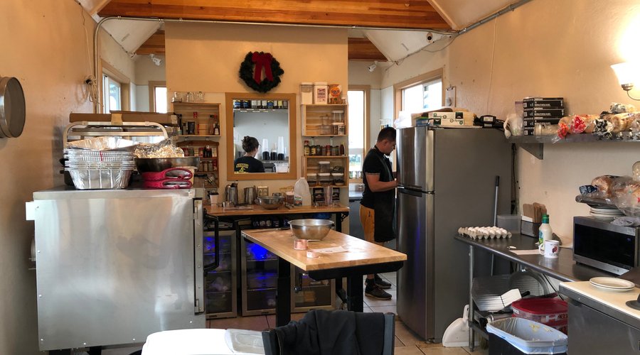 Work space behind counter.