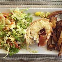 Spiny lobster, salad, and potatoes. Yum!