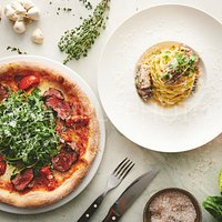 Pizza Stratecci with Ternderloin and homemade fresh pasta