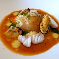 Raviolo di zucca, cernia e cozze