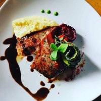 Sirloin Steak with beef from "Kesslerhof" in Klosters, Swiss chard, Potato Puree and "Malians" Red Wine Gravy