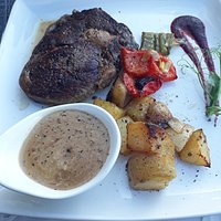Before and after , fantastic rib eye steak .