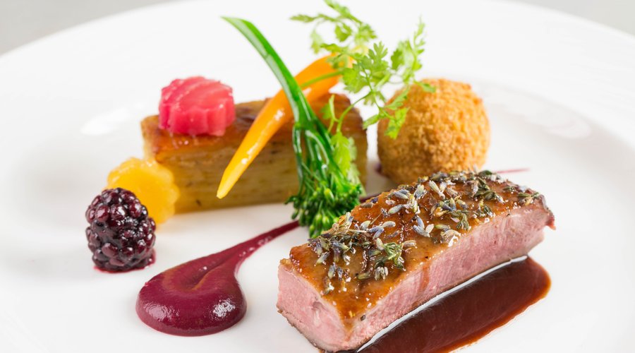 Blossom Honey and Lavender Glazed Gressingham Duck Candied Beets, Blackberry, Cassis Sauce
