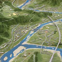 川口地域のジオラマ。川の合流地点であることがわかります