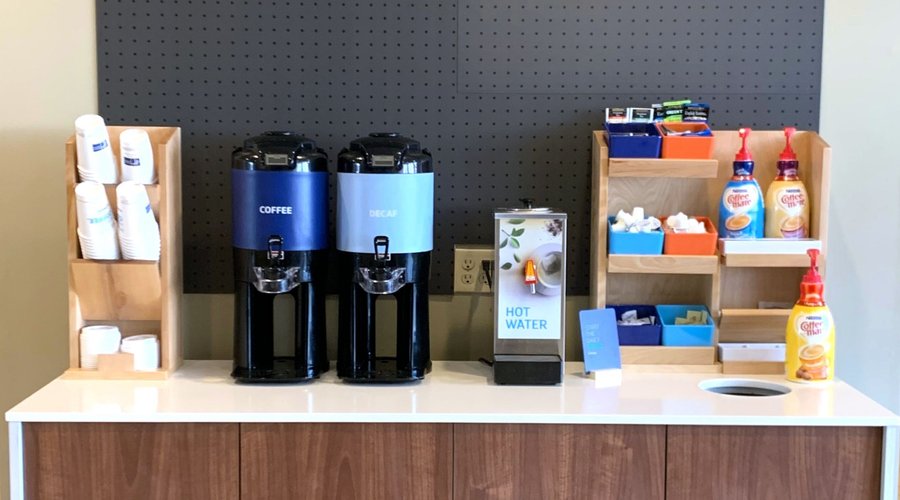 Fresh coffee, tea, and hot cocoa available 24/7!