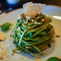 Linguine Pesto with pine kernels and Parmesan shavings