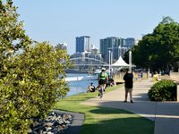 South Bank, Brisbane - 🌴 South Bank Parklands contrasting to Brisbane City  just over the river. Our lush parklands hosts 3 free to use pool spaces,  offering stunning river views of Brisbane