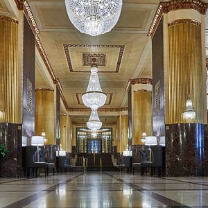The beautiful and historic upper lobby, full of art deco details.