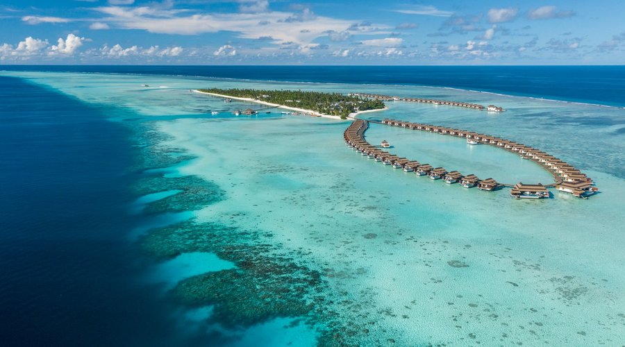 Aerial view of the shallow reef and the ocean villa series 