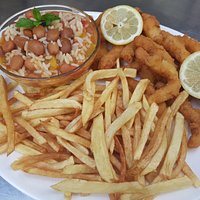 Slices of breaded squid with red bean rice and chips