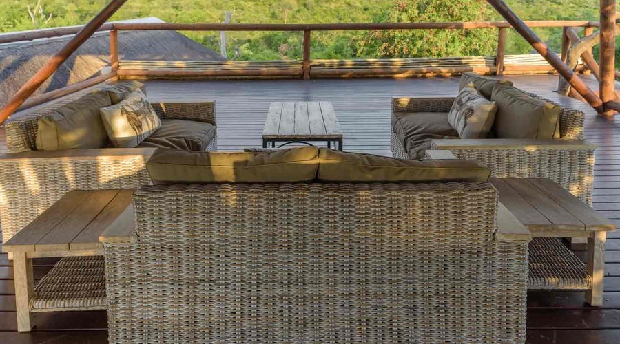 Lengau Lodge - a magnificent view from our viewing deck, overlooking the lodge and the surrounding bush, comfortable underneath a large thatch roof