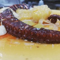PULPO A LA BRASA SOBRE PATATA, MAHONESA KIMCHEE Y MOSTAZA MIEL REGADO CON ACEITE DE PIMENTÓN DE LA VERA