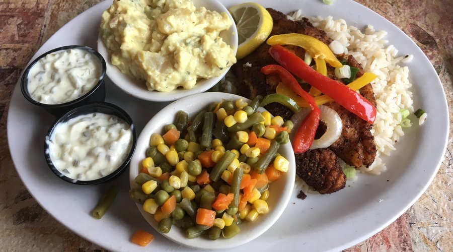 Blackened Catfish with Potato Salad and Mixed Vegetables