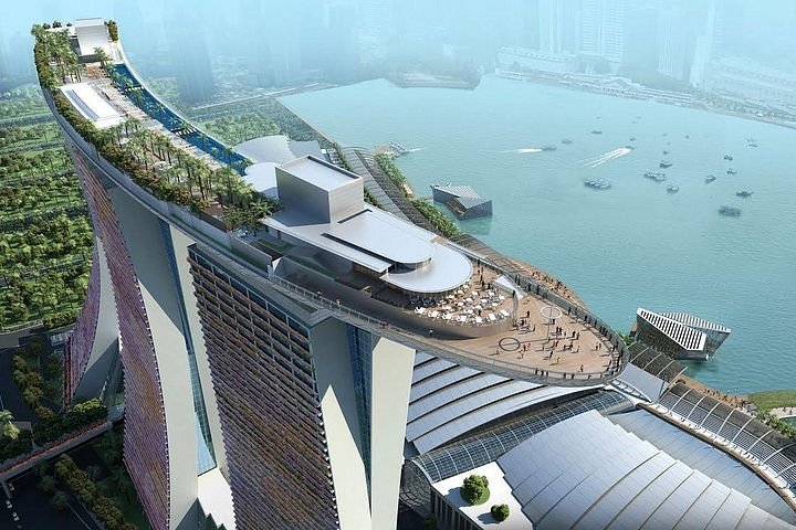 View of Marina Bay Sands hotel, Skypark and shopping complex in