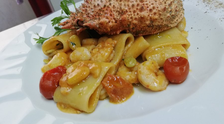 Paccheri granceola, gamberi e fagioli Lupini
