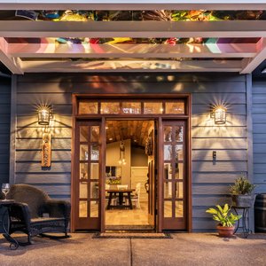 Front entry with Chihuly inspired glass ceiling