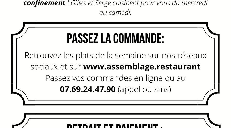 Chers clients et amis,

après ces quelques semaines de silence face à la situation difficile qui nous touche tous, nous avons décidé à partir de cette semaine de remettre les fourneaux en marche ! 

Vous faire partager notre passion pour la cuisine nous manque ! C'est donc sous forme de plats à emporter que nous reprenons le fil. Nous mettons en place un comptoir à l'extérieur du restaurant afin d'éviter les contacts et de respecter les gestes barrières.