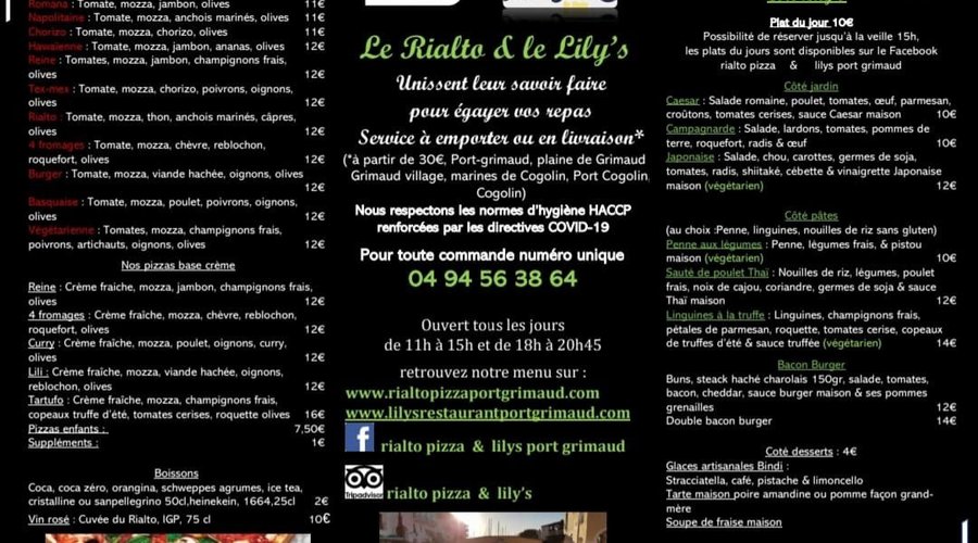 Menu du lily’s et du rialto pizza
